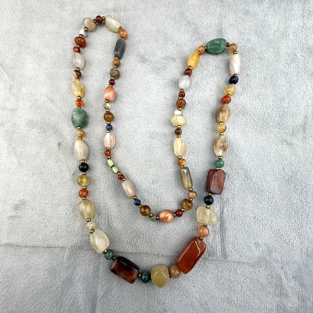 Vintage Beggers Beaded Necklace Polished Stone Flapper Opera 34